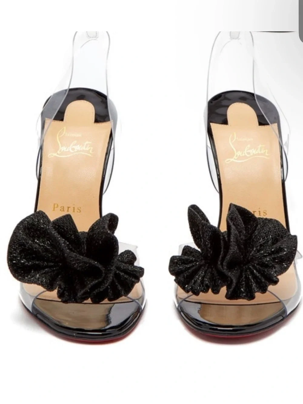 Christian Louboutin Clear Slingback Heels with Black Floral Bow